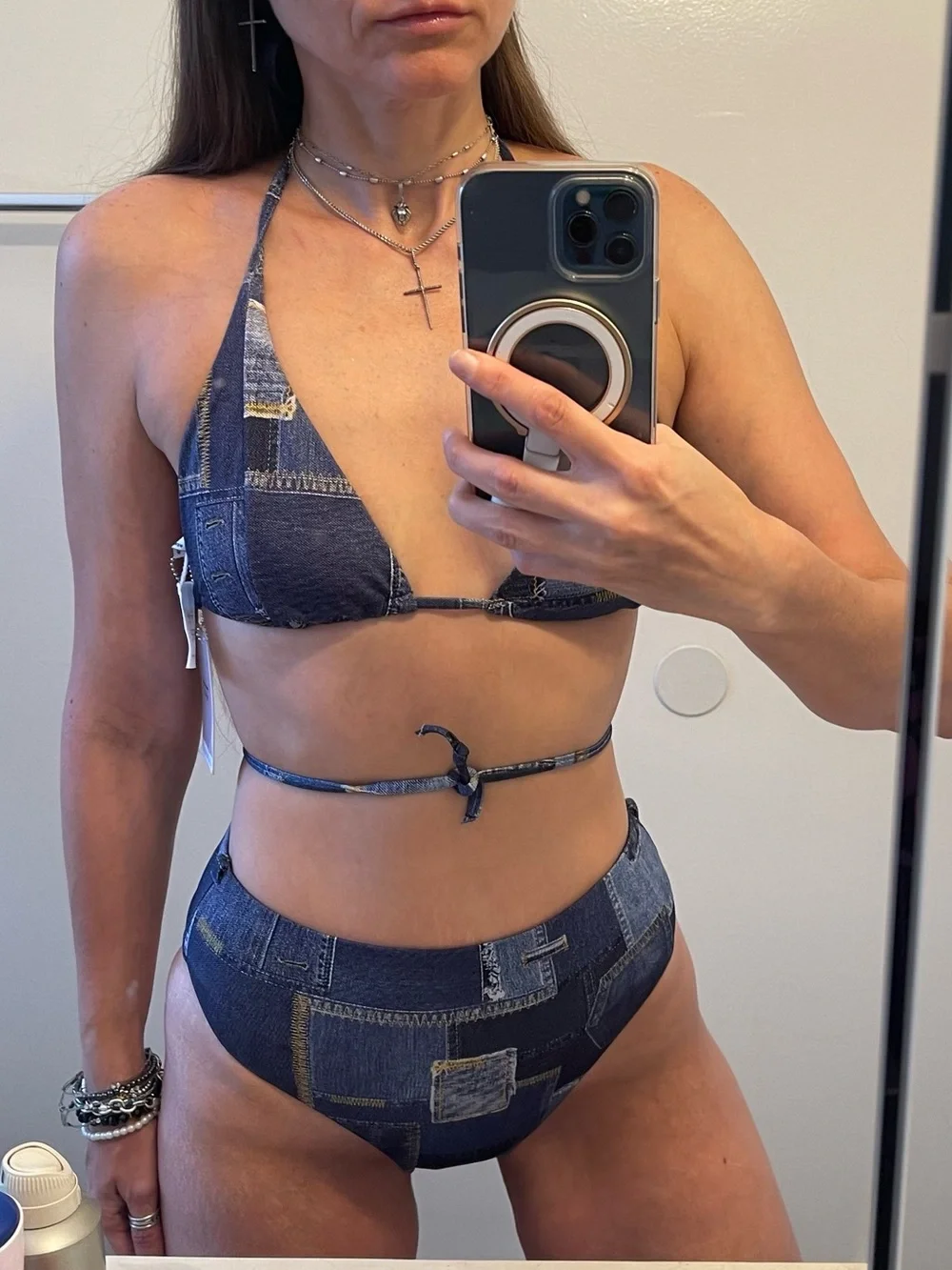 Weworewhat Women’s Denim Print Bikini Set – Navy & Blue – Top XL / Bottom Smal